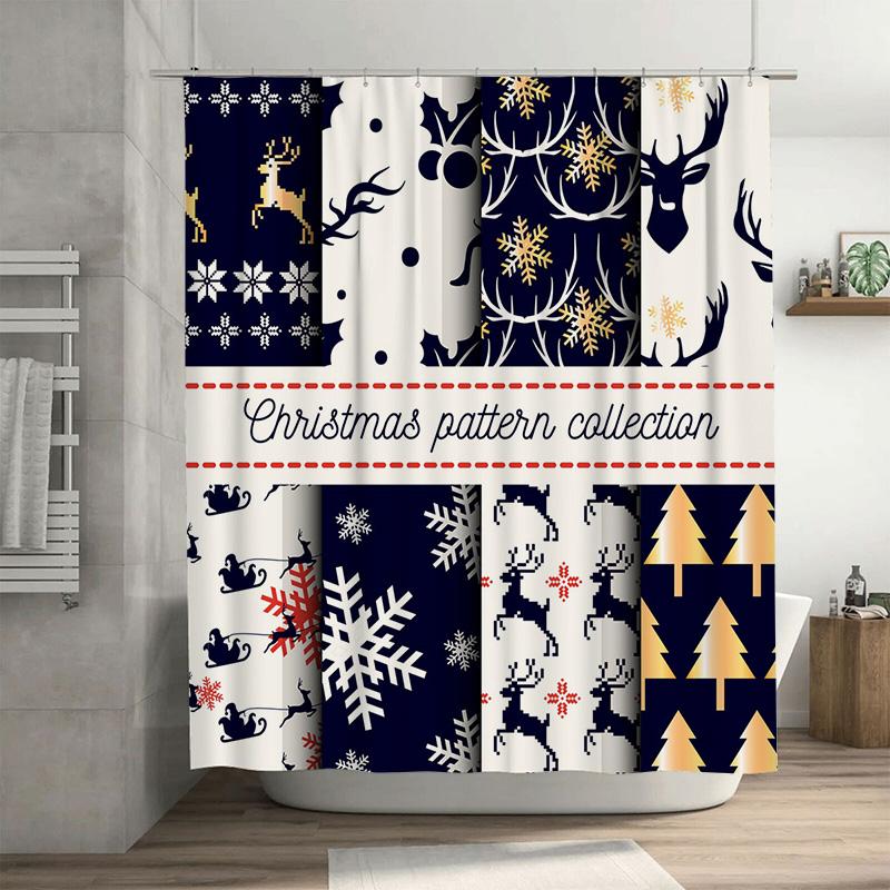 

Tu Christmas Shower Curtain Festive Holiday Decor Waterproof Bathroom Fabric Xmas Pattern Backdrop W60H190(CM)-1 Pcs