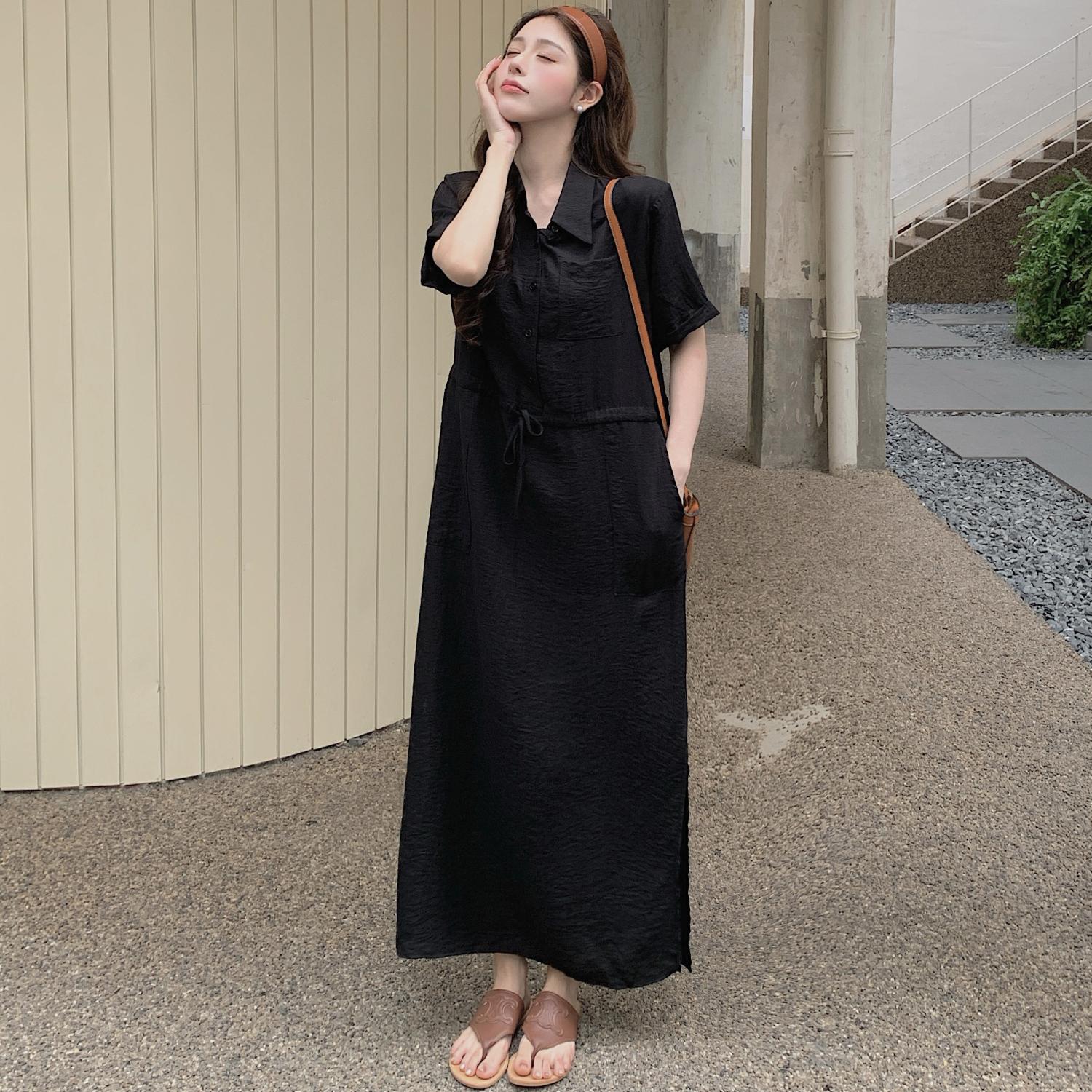 

DIMANAF 2025 Summer Plus Size Dress Women Loose Casual Shirt Dress Basic Vintage Short Sleeve Long Black Dress 3XL чёрный