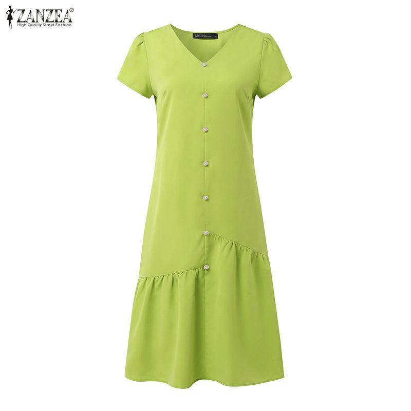 ZANZEA Women Casual V-Neck Summer Short Sleeve Solid Color Dress