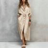 Dames Revers Knoopsluiting Maxi Shirtjurk Trekkoord Taille Split Lange Mouw Casual Losse Lange Jurken met Zakken
