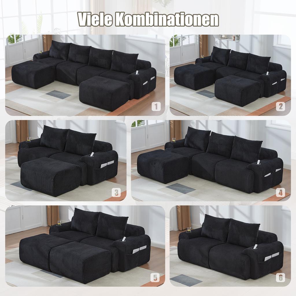 Modular Corduroy Sofa for 2 People, Vacuum-Packed, Includes Cup Holder and Side Storage Pocket. Ideal for Living Room and Family Room. Black