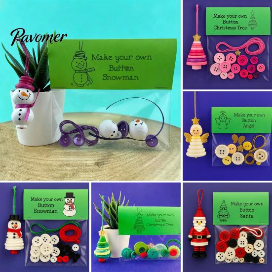 Button Ornament Crafting Set DIY Christmas Kit Stacked Colorful Buttons Tree Making Snowman/Santa/Angel/Tree Craft for Holiday Decor Educational Kids