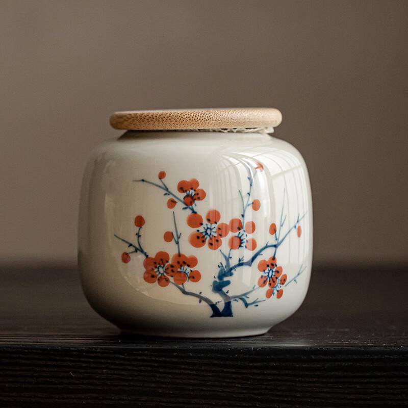 Hand-Painted Plum Blossom Ceramic Mini Tea Caddy with Bamboo Lid
