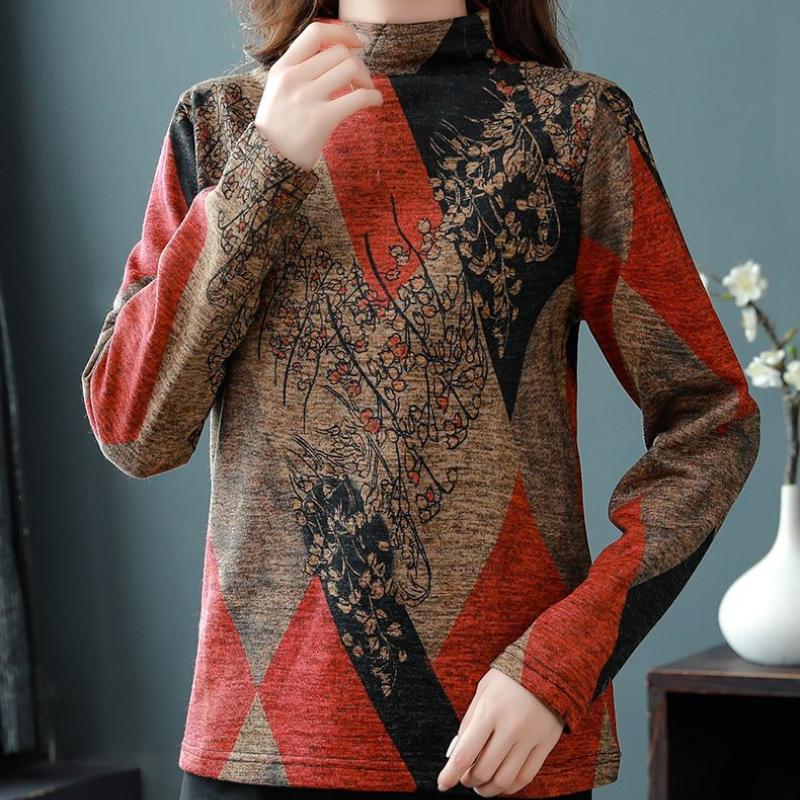 Autumn Winter New Printed Top Half High Neck Warm and Versatile Bottomng Shirt Women's Fashion Long Sleeve T-shirt 4XL