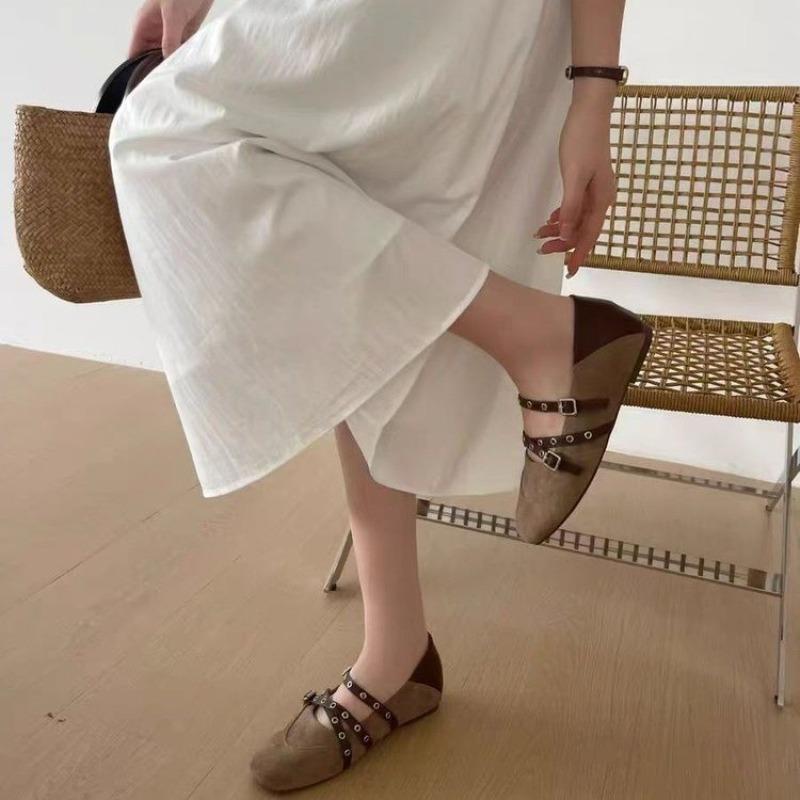 Retro caramel Mary Jane shoes women's flat summer new double buckle with matte light mouth single shoes