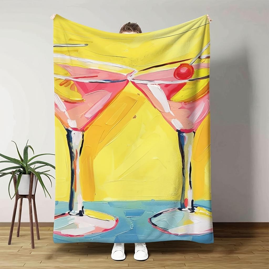 Cocktail Martini Fleece Blanket Artistic Paint Design Yellow Background Soft Cozy Throw Party Decor Gift for Women and Adults