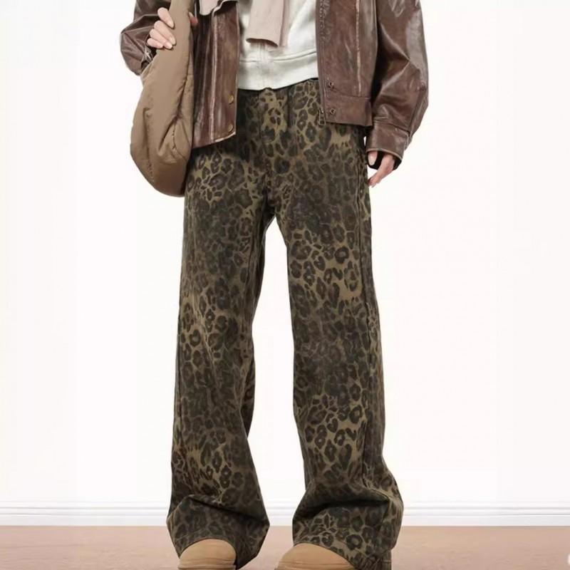 Unisex Vintage Leopard Print Straight Fit Denim Jeans Loose Hip Hop Streetwear Pants Youth
