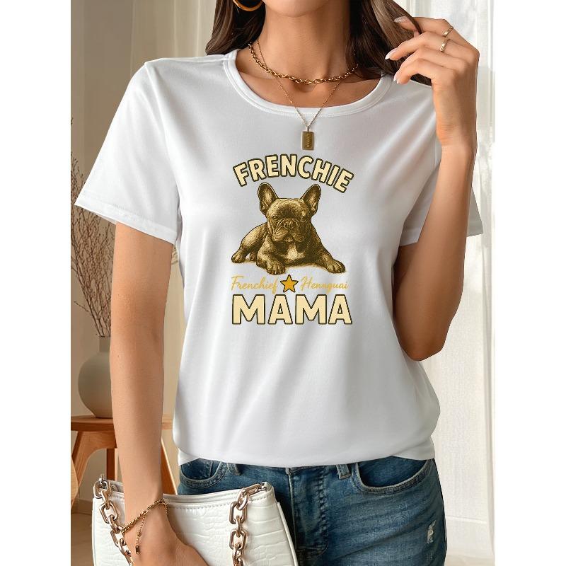 Female "Bulldog" Cute Pet Print Short-sleeved Shirt, This Is A Round-neck Printed T-shirt with A Pattern. Suitable for Women's Clothing