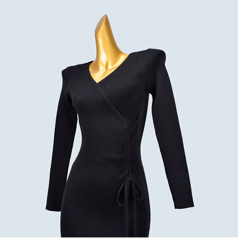 Autumn and Winter V-neck Pleated Drawstring Waist-Tight Slim Looking Mid Length Long Length Package Hip over-the-Knee Knitting Dress Match with Coat