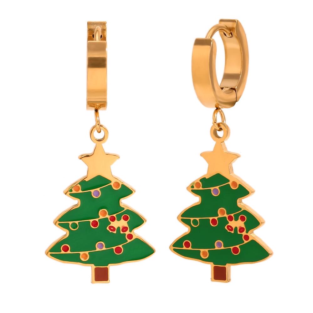 

18K Gold Plated Christmas Tree Drip Oil Earrings - Cute Cartoon Design, European & American Fashion.