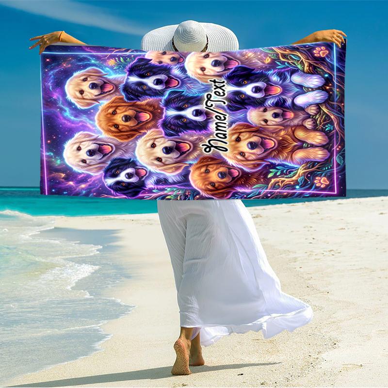 1PC Custom Name Dogs Fantasy World Beach Towel Highly Absorbent And Sand-Resistant Towel for Swimming, Pool, Yoga, And Travel Lightweight
