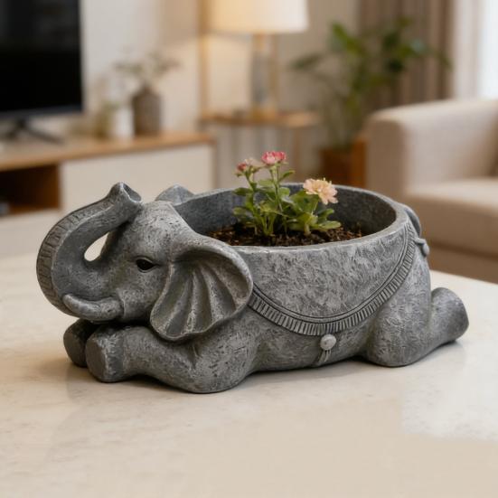 Elephant Planter Resin Elephant Animal Flower Pot Decorative Plant Holder with Drainage Hole for Indoor Outdoor Garden Patio Desk Home Decor