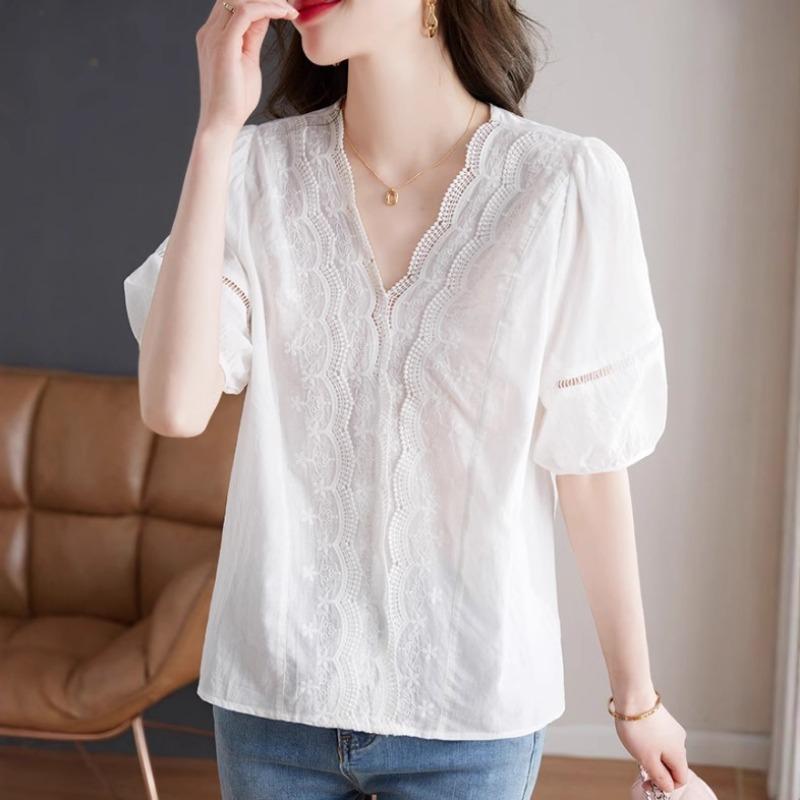 Women S French Style V Neck Lace Embroidered Thin Short Sleeve White Blouse