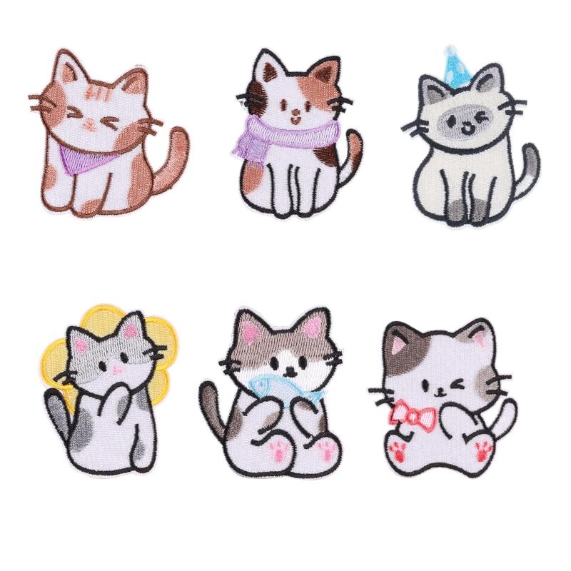 6 Pcs Lovely Animal Repair Patches Iron On Embroidered Patches Cartoon Cats Sew On Decorative Appliques for Clothes Hat