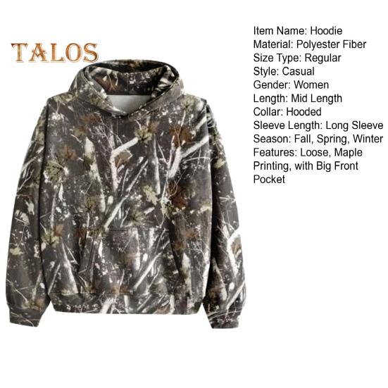 Hanorac pentru femei, toamnă, iarnă, cu buzunar mare în față, imprimare 3D din arțar, pulover cu mâneci lungi, în aer liber, vânătoare, camping, deghizare, pentru îmbrăcăminte ocazională, sală de sport