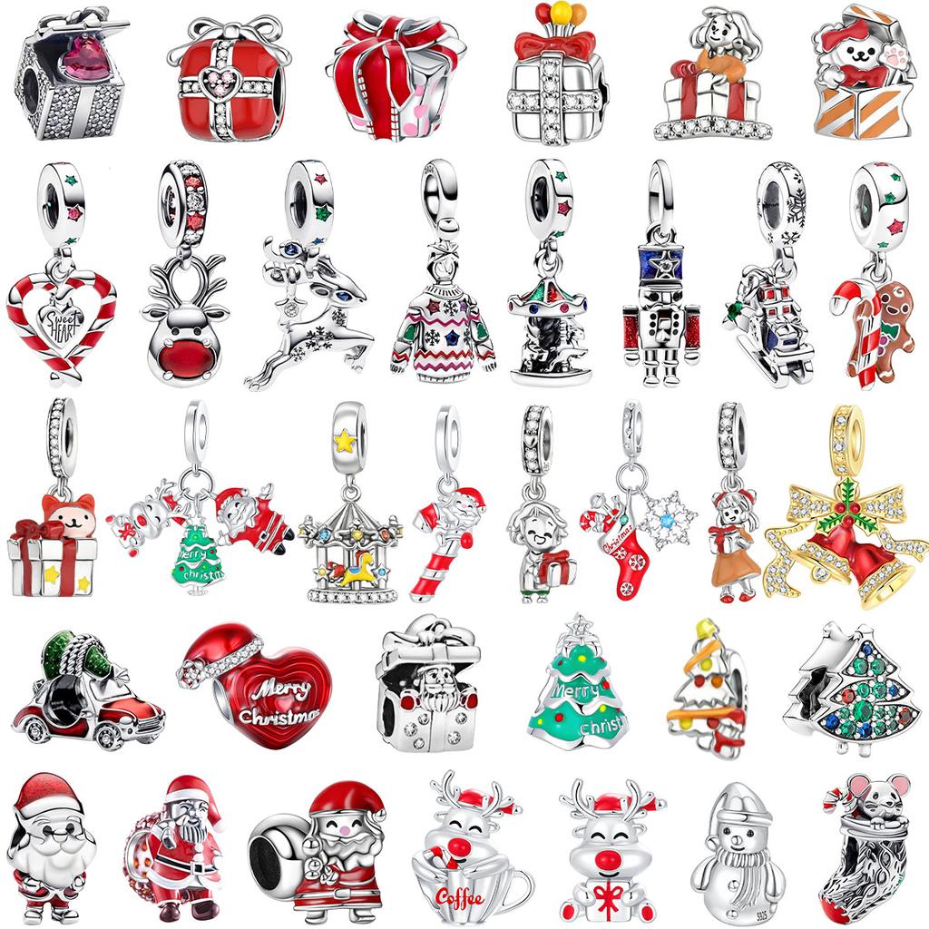 Charms de Natal Originais em Prata 925 Papai Noel Rena Floco de Neve Contas para Colares Pulseiras Joias DIY Presentes