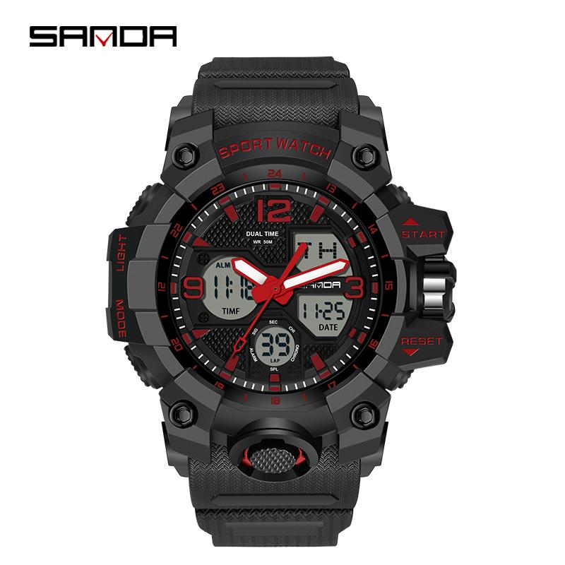 Fashion SANDA 6030 Men's Electronic Watch Outdoor Sports Multi functional Dual Display Waterproof LED Men's Electronic Watch