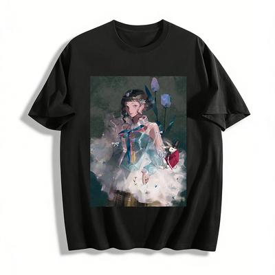 Vintage Mori Girl Print Top, Fairy Tale Rabbit Tulip Design Loose Breathable Casual Daily T-Shirt Pure Cotton T-shirt