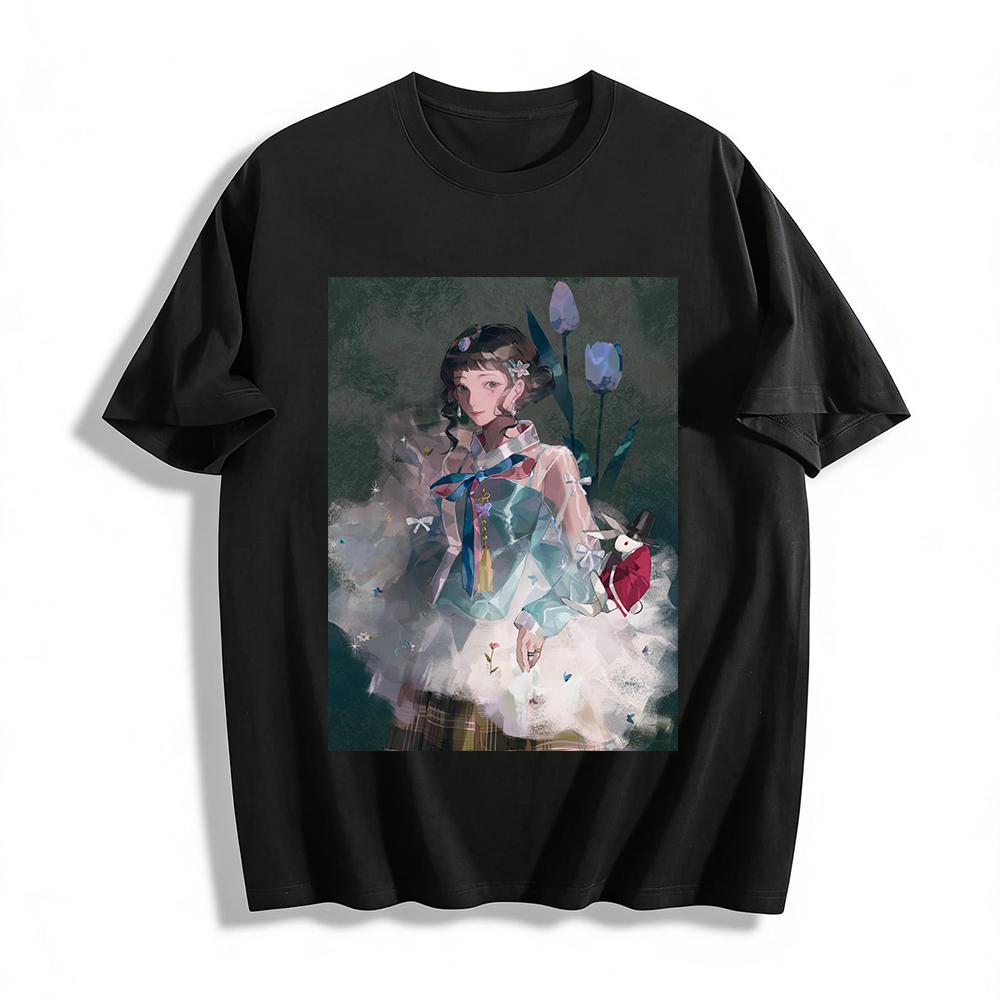 

Vintage Mori Girl Print Top, Fairy Tale Rabbit Tulip Design Loose Breathable Casual Daily T-Shirt Pure cotton T-shirt XXS