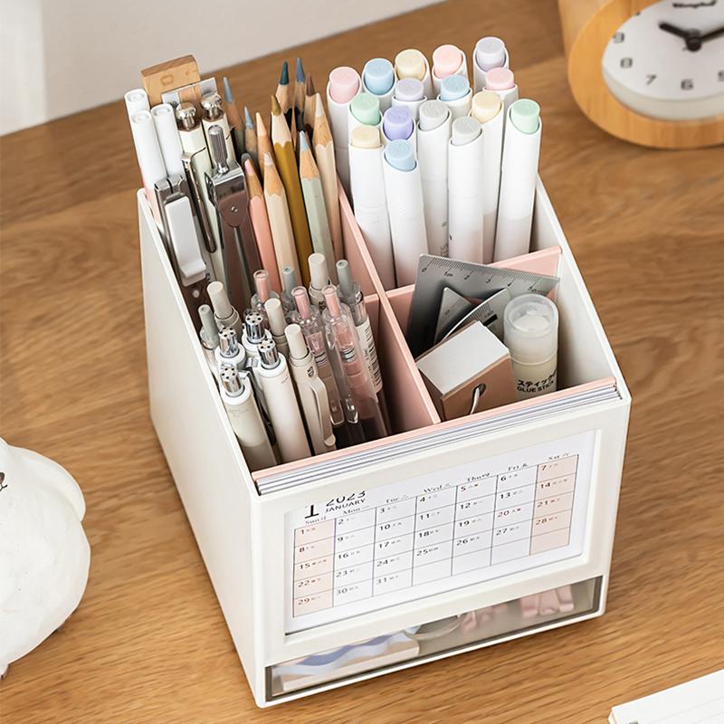 Pot à crayons rotatif créatif à 360° avec calendrier de bureau, organiseur de papeterie de bureau, boîte de rangement à crayons de grande capacité pour l'école et le bureau