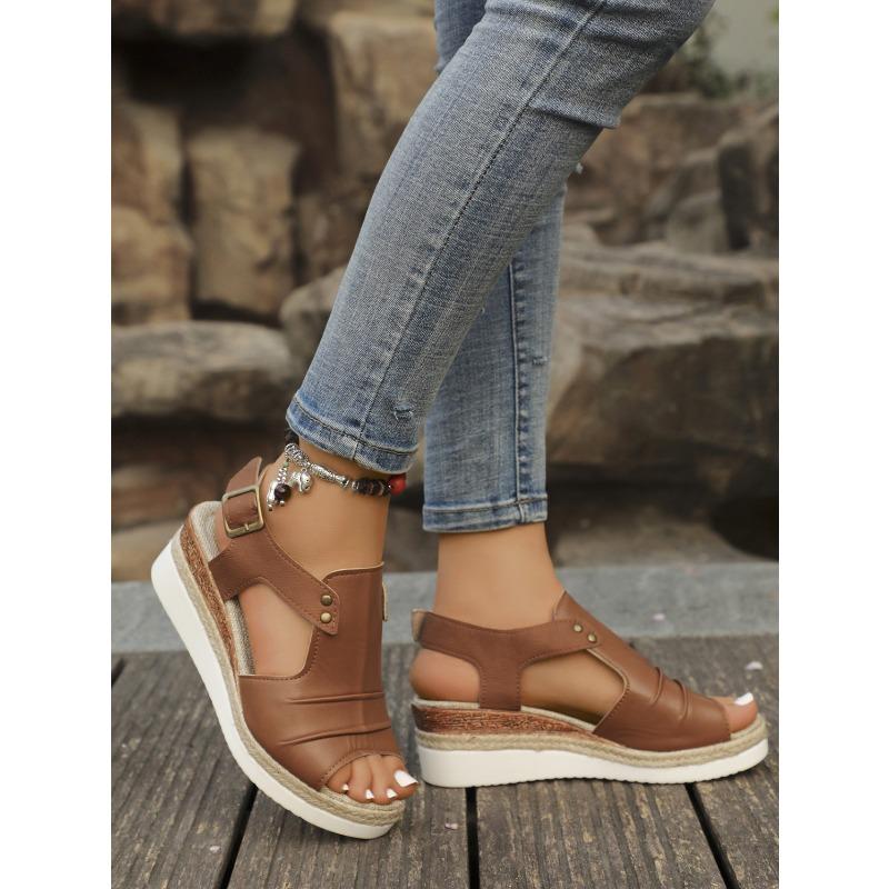 Plus Size Women's Sandals 2025 Summer New Flat Wedge Heel Fish Mouth Casual Buckle Wear Women's Sandals Outside