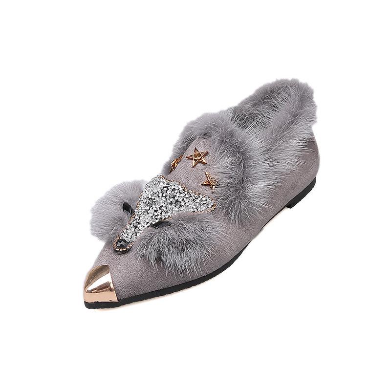 Fox Fur Women's Shoes Fashion Rhinestone Plus Velvet Shoes Flat-bottomed Beanie Shoes Plus Velvet