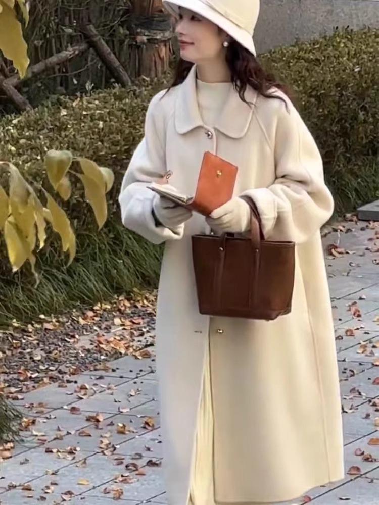 

Double-sided wool coat, gold buckle doll collar, single-breasted gold buckle H version, new battle robe, wool coat. S (under 60 kg) бежевий