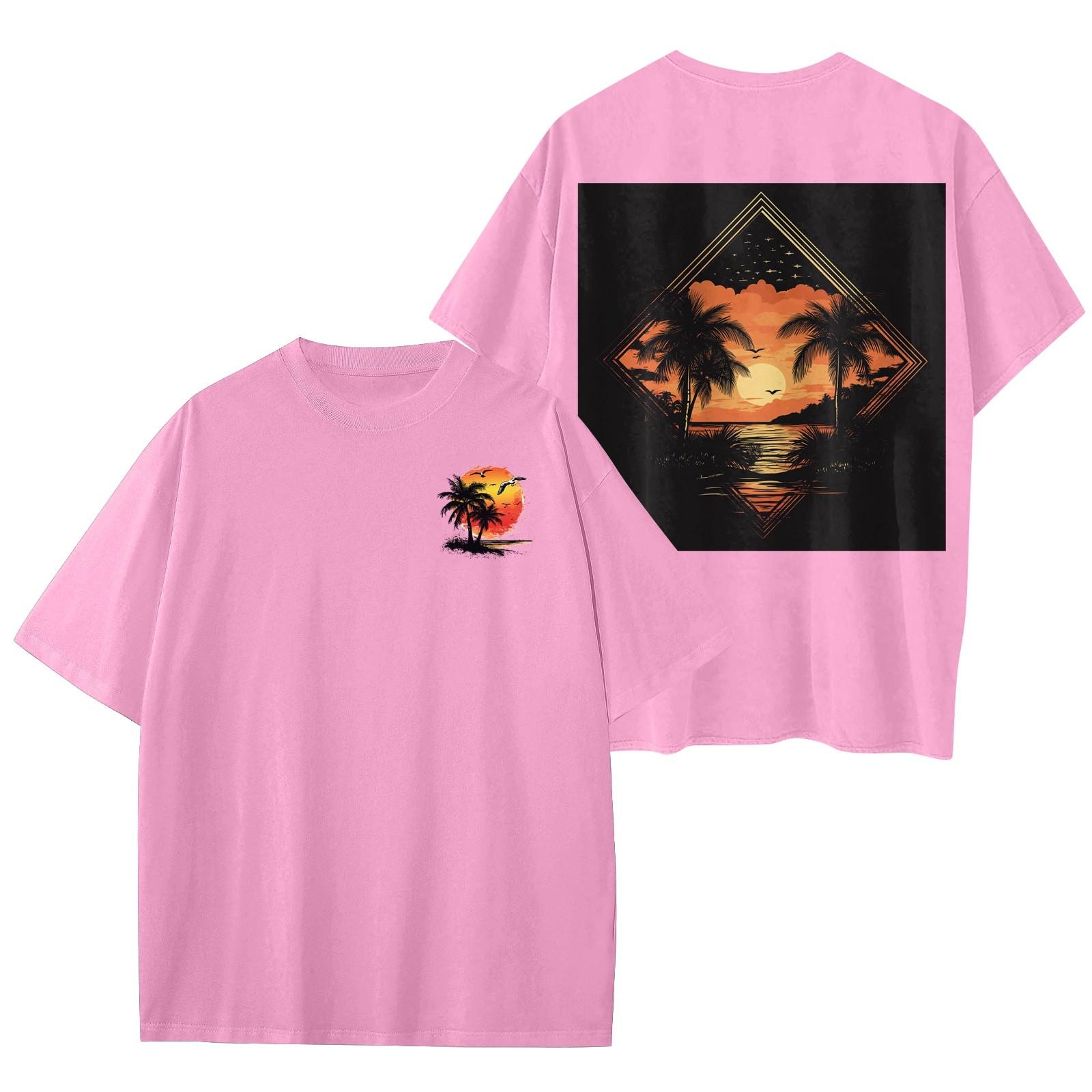 

Женский круглый вырез модный свободный гавайский принт короткие рукава XXXL розовый