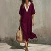 Women's Casual Bohemian Style V Neck Long Dress Loose Fit Vacation Beachwear Lightweight Summer Maxi Dress with Short Sleeves