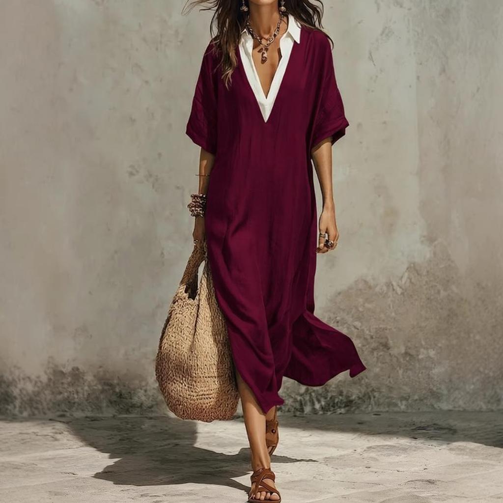 Women's Casual Bohemian Style V Neck Long Dress Loose Fit Vacation Beachwear Lightweight Summer Maxi Dress with Short Sleeves