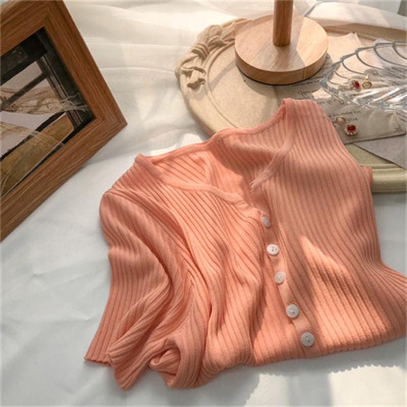 Women's Ice Silk V-Neck Button-Up Loose Short Sleeve Cardigan Top for Spring/Summer 2025.