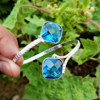 Blue Faceted Glass Gemstone 925 Sterling Silver Plated Raire Adjustable Cuff Bangle/Bracelet TACB-B200