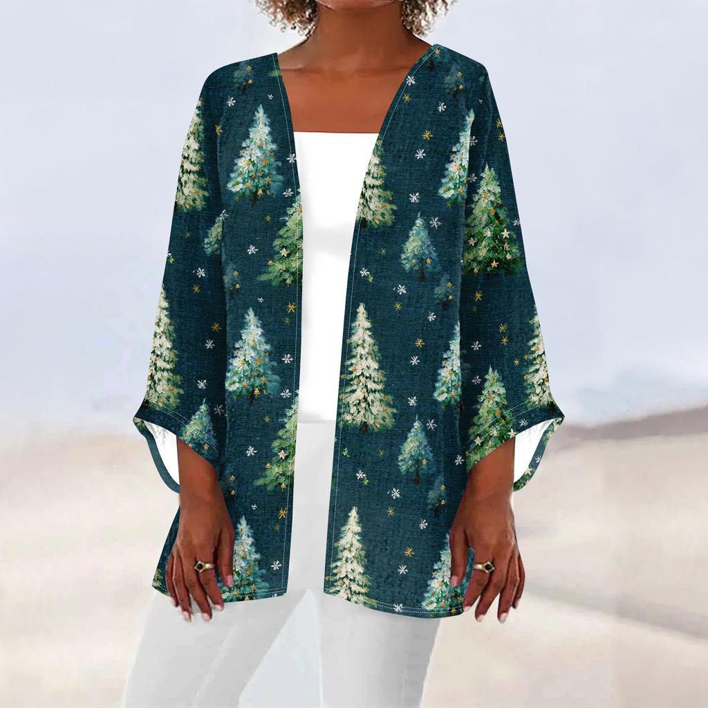 Women's Casual And Fashionable Christmas Printed Lightweight Mid Length Jacket Cardigan