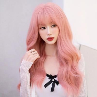 WIGS Long Wavy Pink Wig for Women Daily Party Natural Looking Synthetic Hair Wigs with Fluffy Bangs  24 Inch