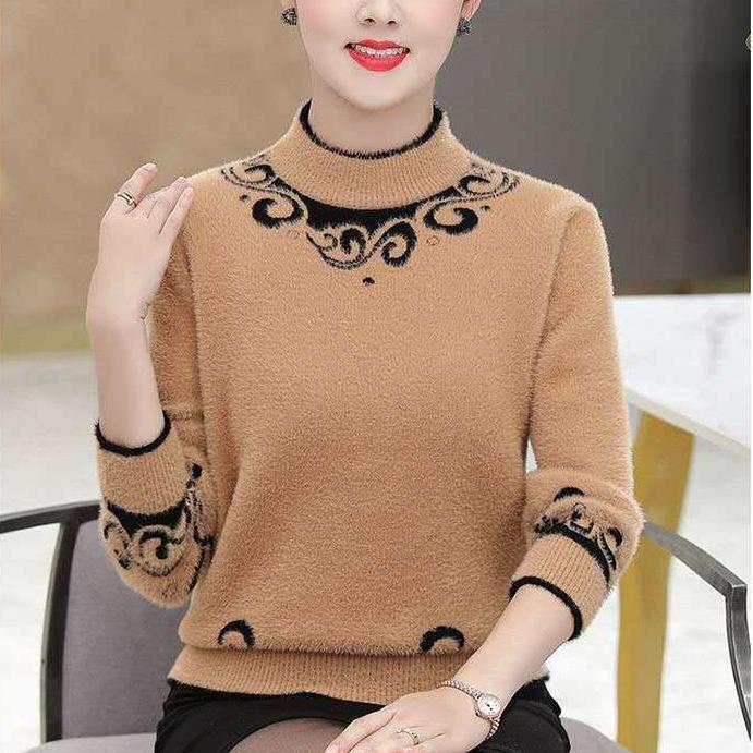 Women's Thick Faux Mink Fleece Sweater Autumn Winter Long Sleeve Printed Knitted Pullover Sweater Loose Warm Stretch Knit Sweater