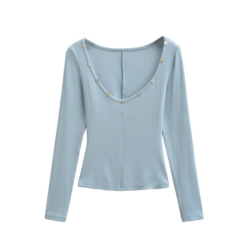 Spicy Girl Sexy Low Neck Long Sleeve T-shirt - Spring Stylish Slim Fit Solid Color Women's Top