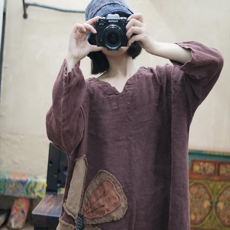 Rochie largă din in, brodată cu fulgi de zăpadă roșii Zen, vintage (1998)