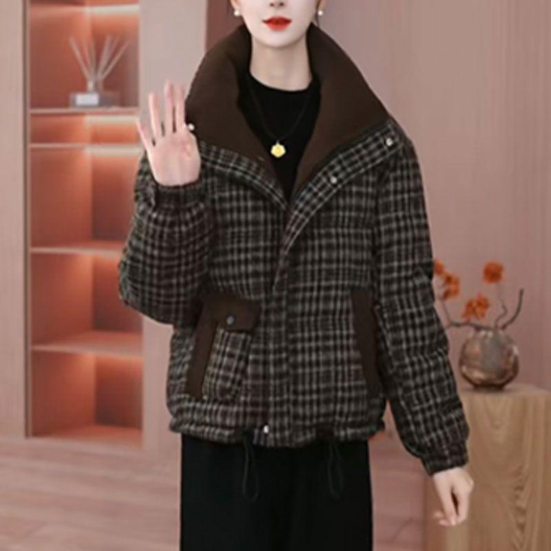 Thickened Warm Winter Plaid Cotton Jacket for Women Loose Casual Slimming Versatile Basic Outerwear Padded Coat