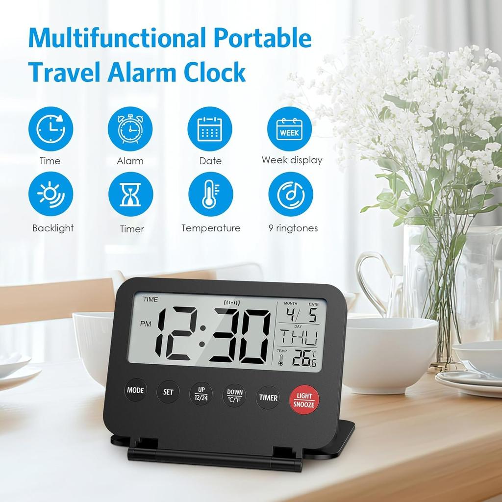 Small Digital Travel Alarm Clock, Black, Foldable Calendar Temperature Timer LCD Desk Clock, Snooze, 9 Alarm Sounds, Backlight, AAA Battery Operated