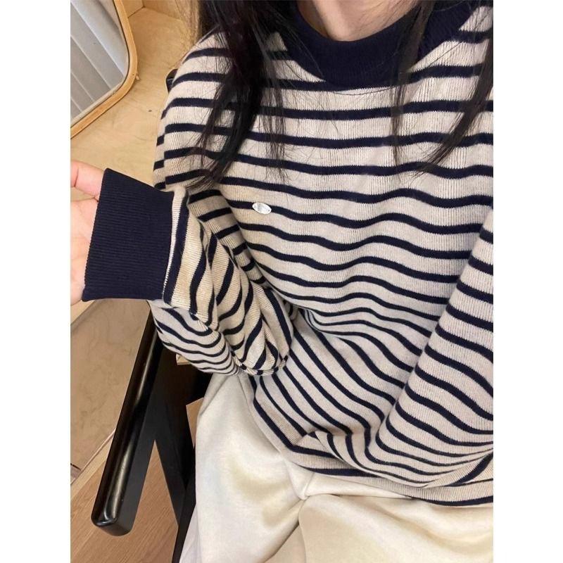 Striped crew neck sweater women's spring and autumn new American retro hatless casual loose lazy long-sleeved top
