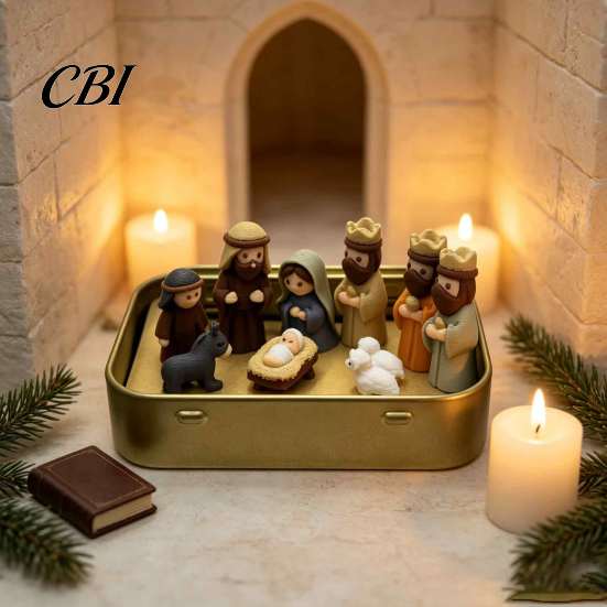 Christmas Manger Decor Mini Nativity Set in A Tin Box, 3D Printed Pocket Size Holy Family Christian Holiday Ornament Figurines, Miniature Religious