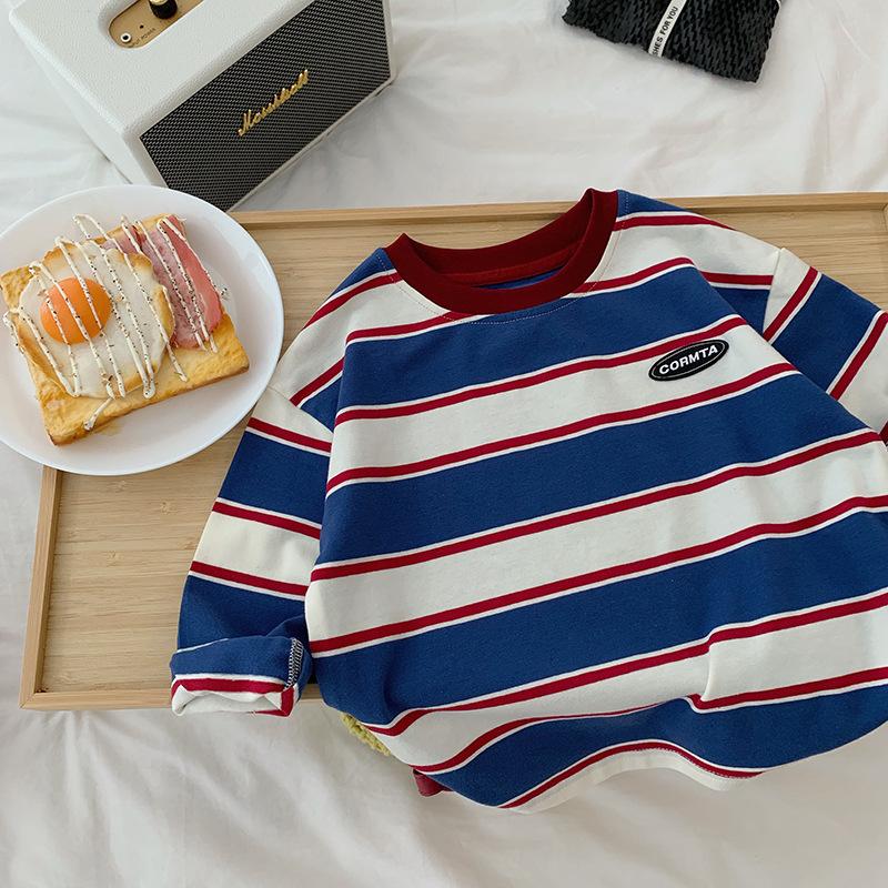 Boys' Long-sleeved T-shirt Loose and Fashionable Autumn Children's Contrast Striped Western Style T-shirt Round Neck Top