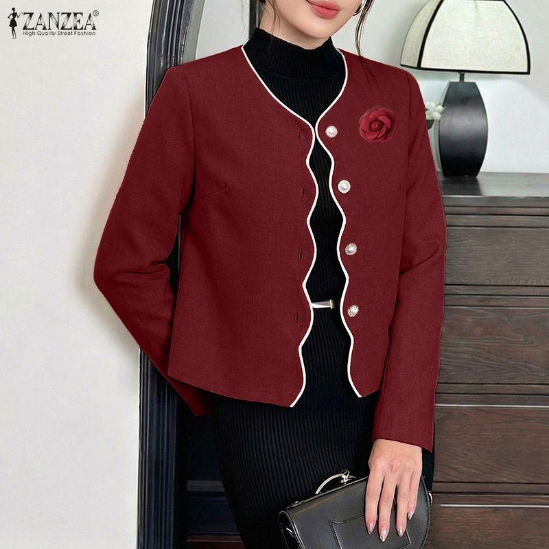 ZANZEA Blusa tipo cárdigan fina de manga larga con escote en V informal para mujer