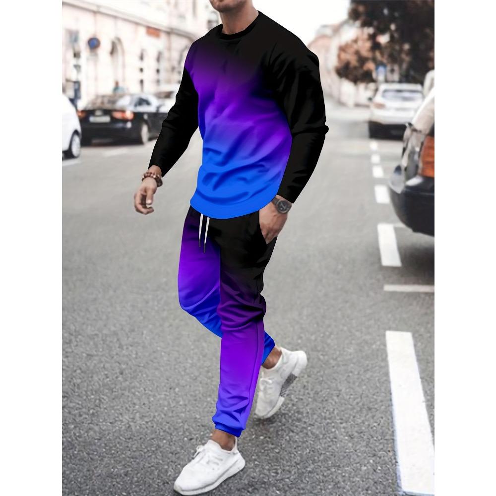 Spring Autumn Colorful Gradient 3D Print Men's Sportswear Set O-Neck Hoodies 2-Piece Sets Oversized Pullover Men Clothing