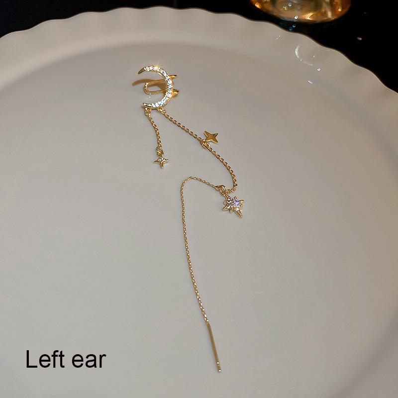 Kpop Gold Color Rhinestone Moon Star Clip Earrings for Women Simple Butterfly Fake Cartilage Long Tassel Ear Cuff Jewelry Gifts
