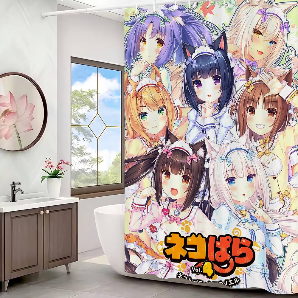Nekopara Neko Anime Pattern Bathing Curtain Bathroom Shower Curtain Waterproof With 12 Hooks Home Deco