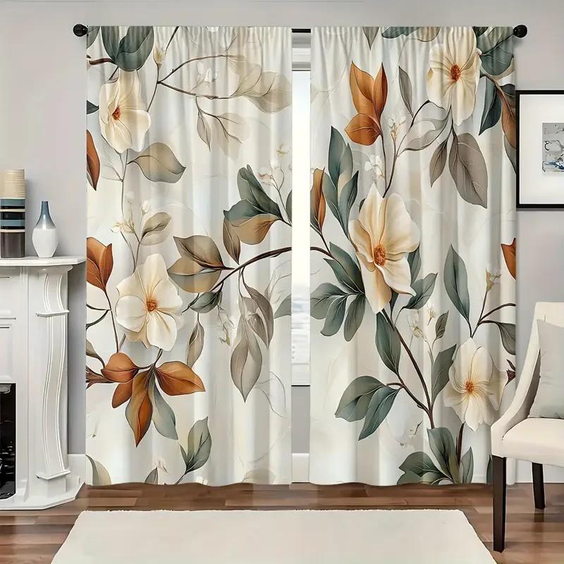

2pcs Elegant Floral Print Curtain Polyester Fabric for Living Room Holiday Window Decor Rod Pocket Style 100*130 Grommet Top 1pcs