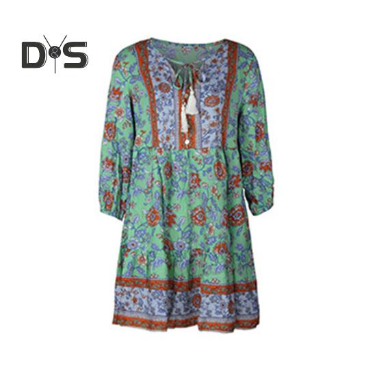 Damen-Boho-Kleid mit Blumenmuster, lässig, langärmelig, fließend, kurzes Kleid, lockerer V-Ausschnitt, Knopfleiste, A-Linien-Kleid, Mini-Strand-Sommerkleid