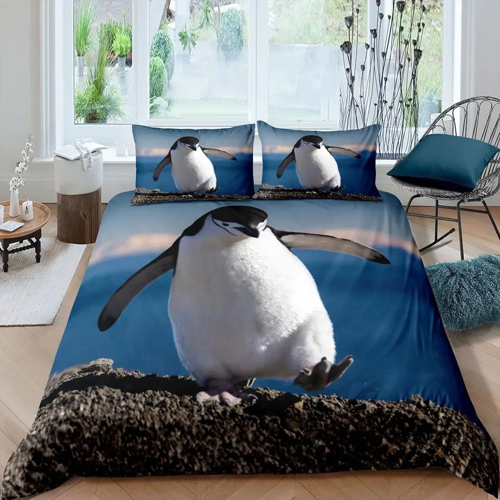 Penguin Duvet Cover Set Antarctic Animals Bedding Set for Kids Boys Girls Cartoon Style King Size Winter Theme Comforter Cover