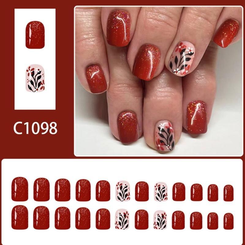 Fall Winter Red Brown Press On Nail Easy To Apply Reusable Artificial Fake Nail Comfortable For Daily Party Wedding